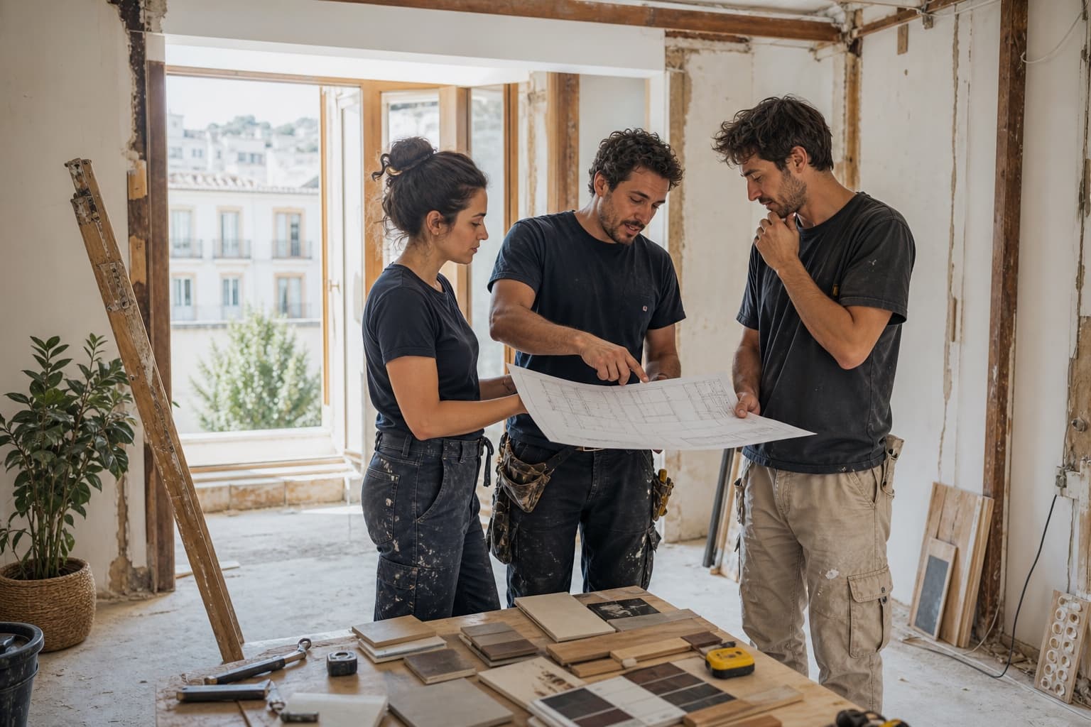 Renovation team reviewing plans and materials on a job site