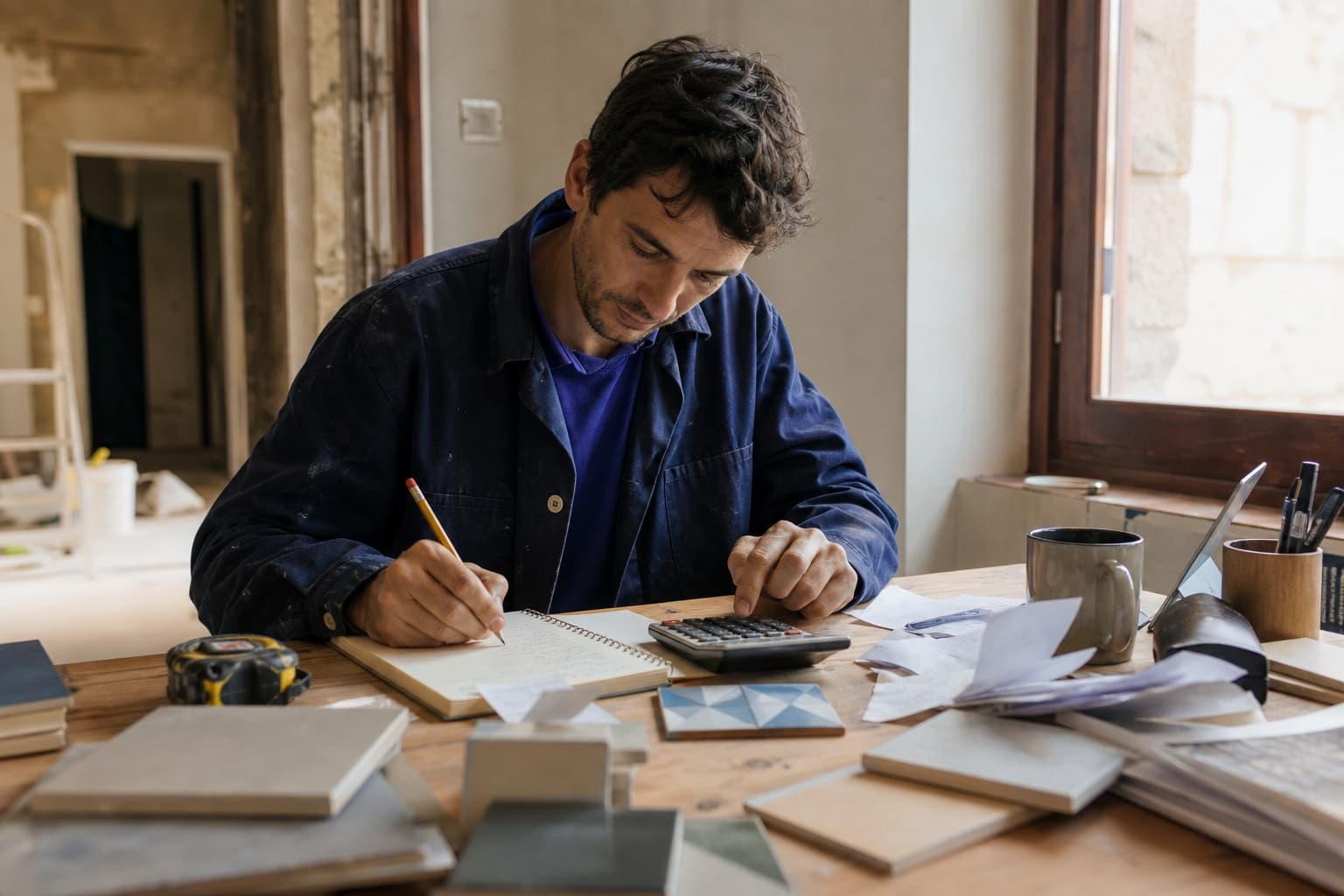 Professional calculating a construction quote with plans and samples