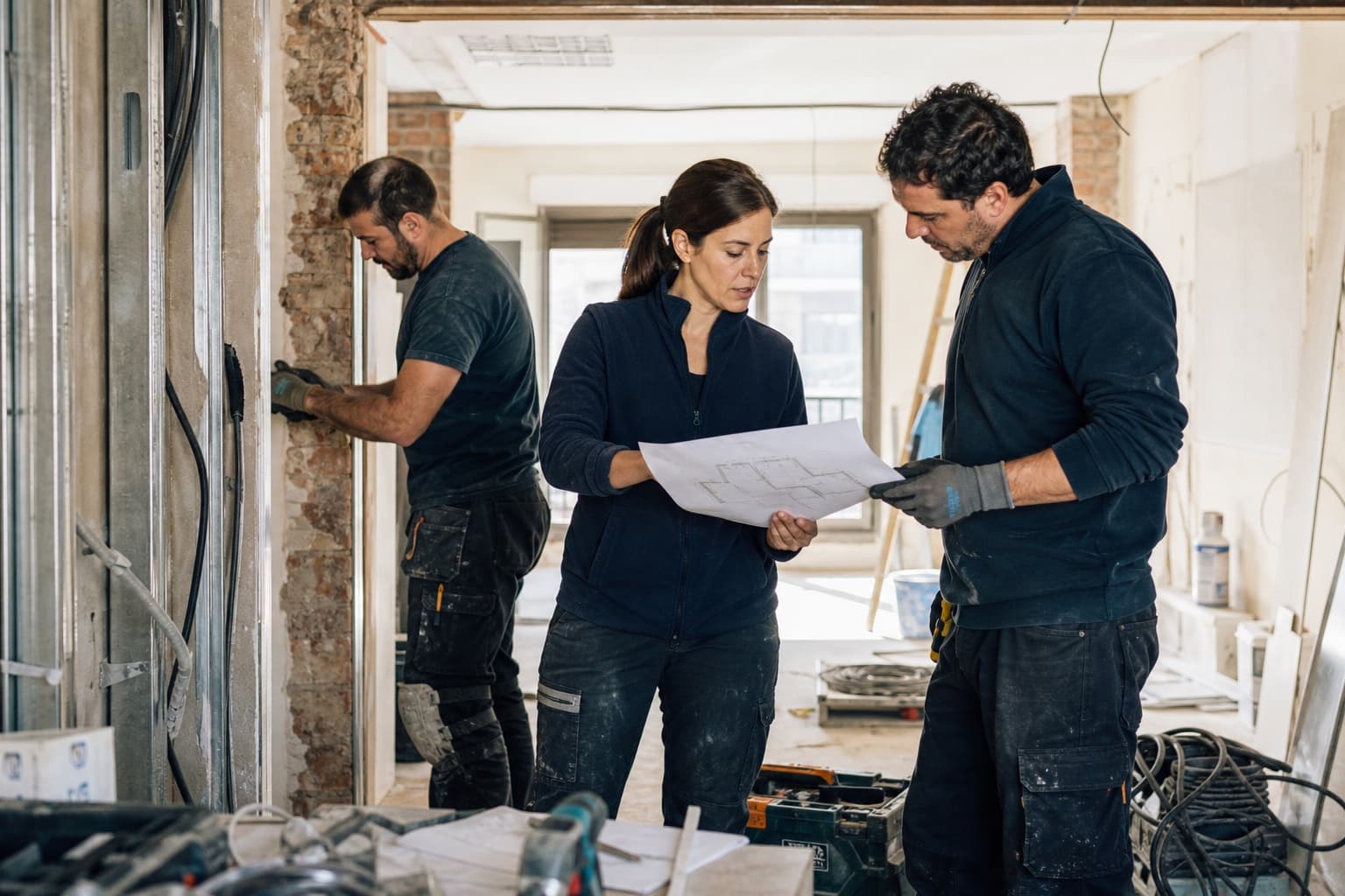 Construction team reviewing plans during a renovation