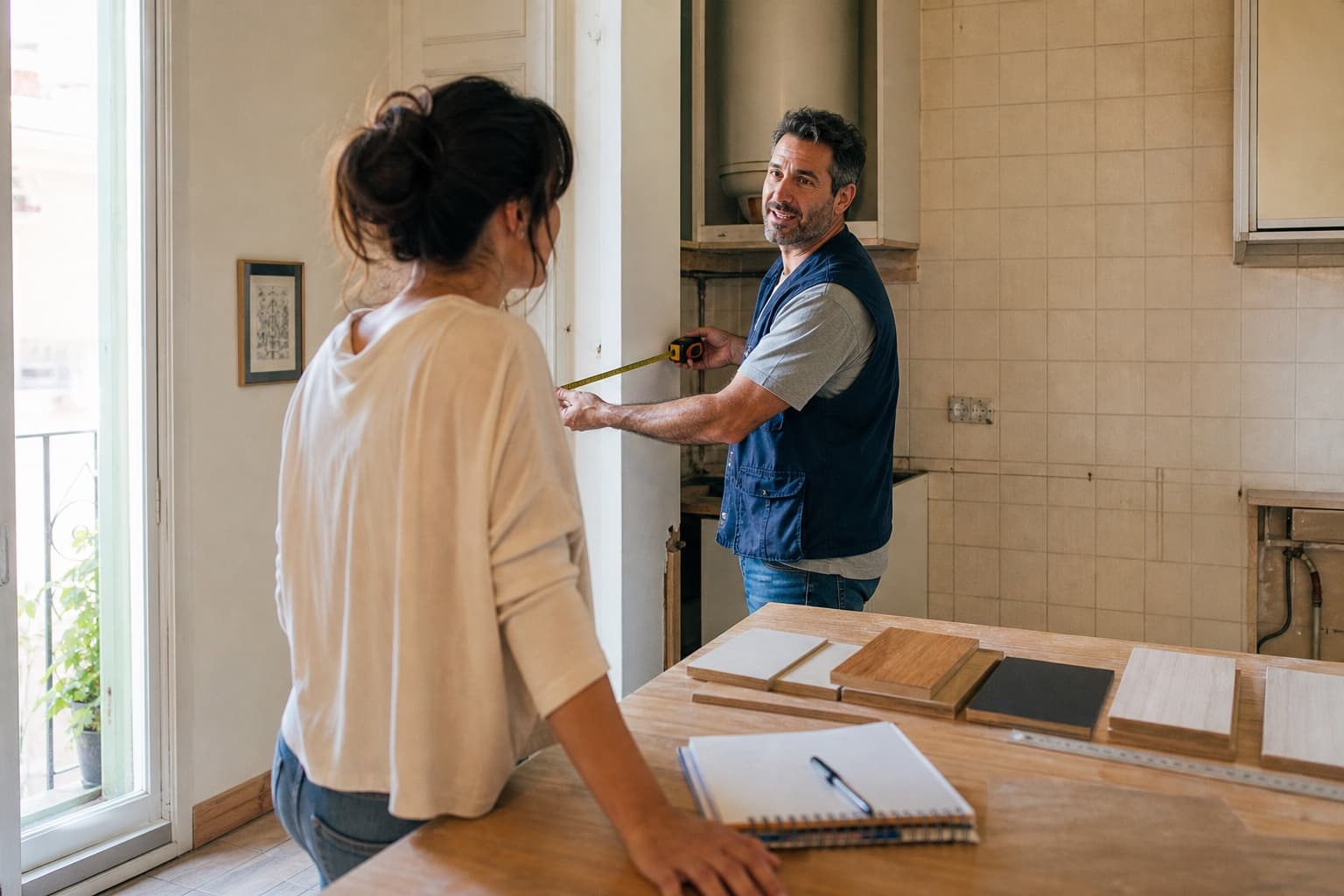 Professional measuring a kitchen during a visit with a client
